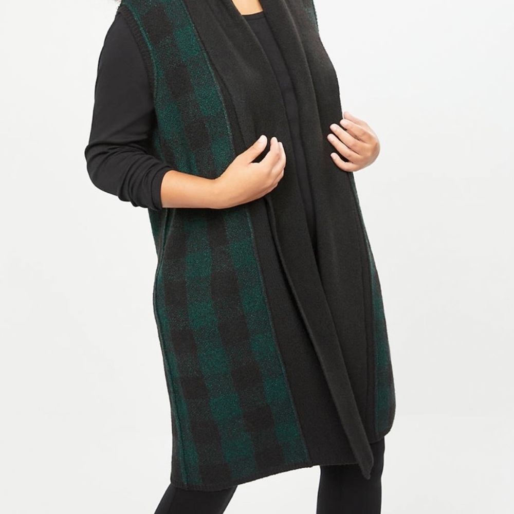Green and black buffalo plaid, open-front, shawl collar, sleeveless duster
